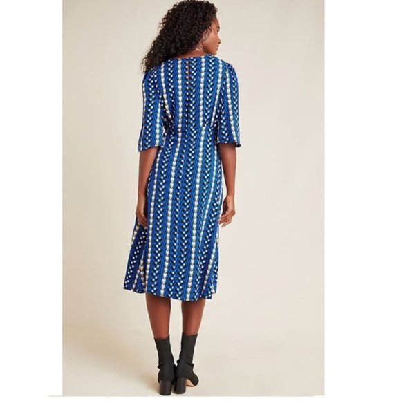 Anthropogie Bold Blue Geo Arrow Prints Midi Dress Lully Lined A line - Picture 2 of 6